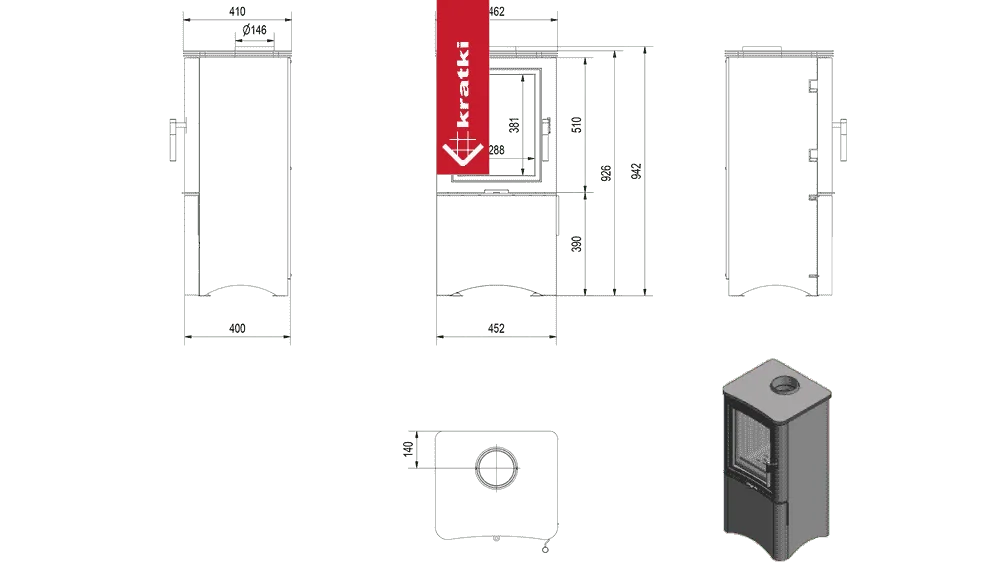 Technische tekening en afbeelding van de Kratki K5 Hoog met deur houtkachel.