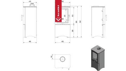 Technische tekening en afbeelding van de Kratki K5 Hoog met deur houtkachel.