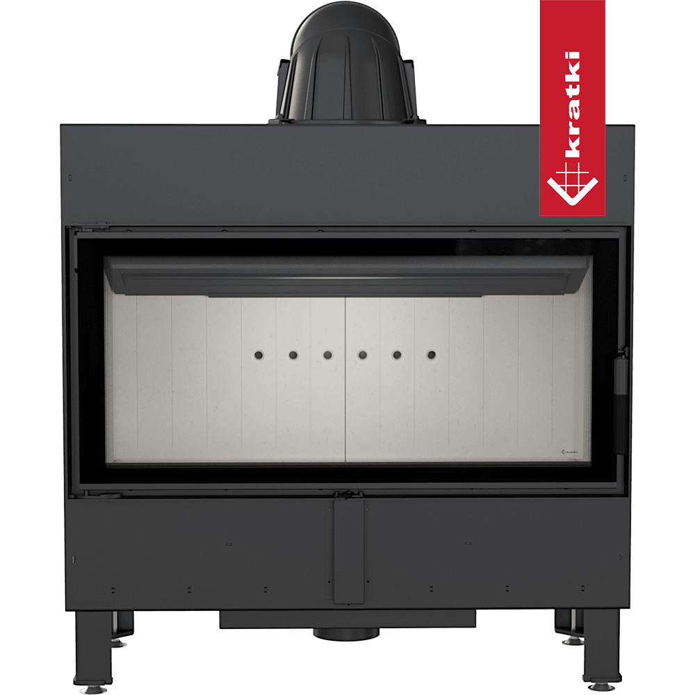 Kratki Lucy 16 kW houtkachel met een groot glazen venster en zwart metalen frame.