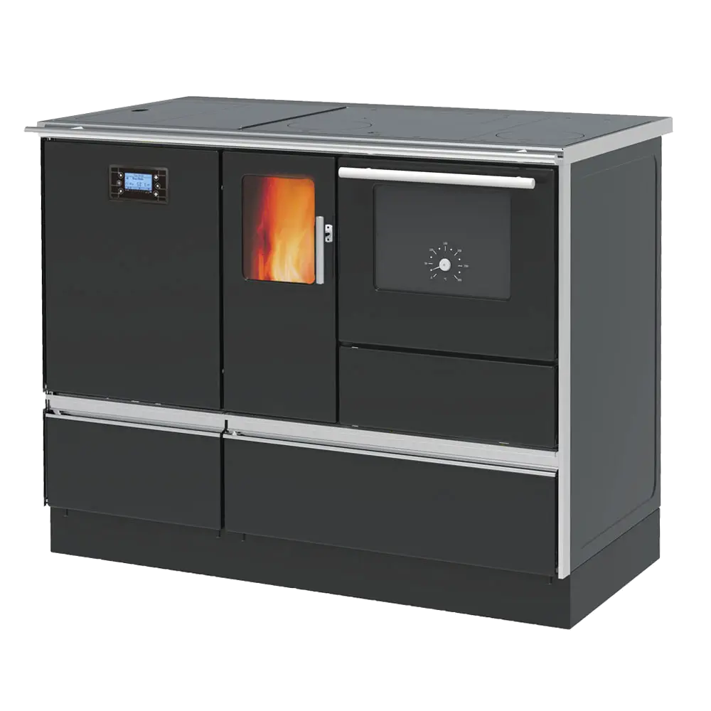 Alfa Plam Alfaterm 20 Pellet kachel met zwart design en zichtbaar vuurvenster