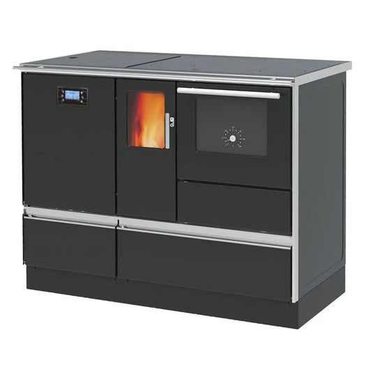 Alfa Plam Alfaterm 20 Pellet fornuis met glazen deur en digitaal display.