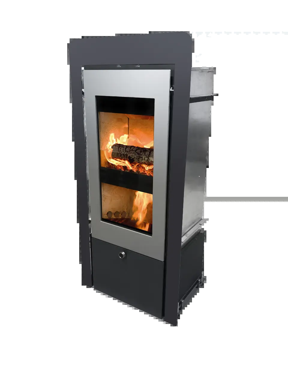 Xeoos Aqua x8 houtkachel met brandend vuur op witte achtergrond