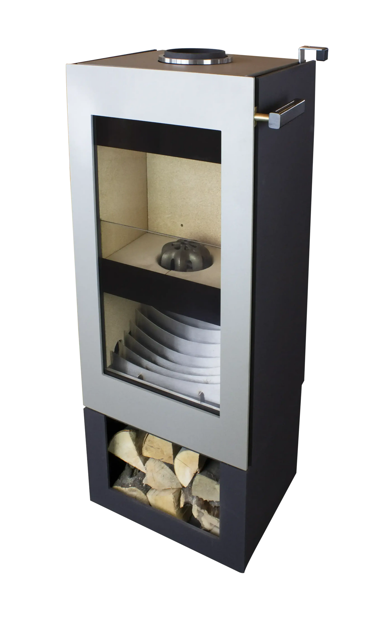 Xeoos Natur/Basic x8 houtkachel met zichtbare houtopslag en glazen deur
