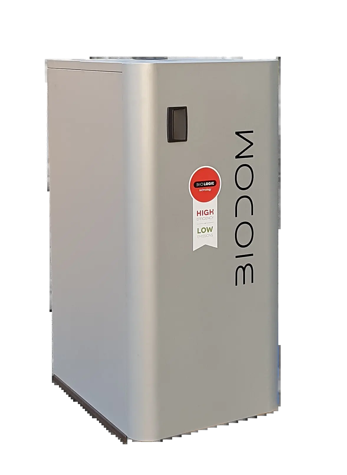 Biodom C15 Compact pelletkachel in zilvergrijs, studio-opstelling
