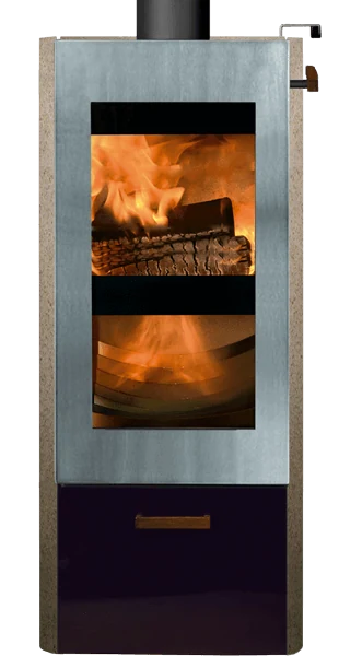 Xeoos Classic x8 houtkachel met brandend vuur achter glazen deur