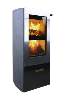 Xeoos Classic x8 houtkachel met zichtbare vlammen, op zwarte achtergrond