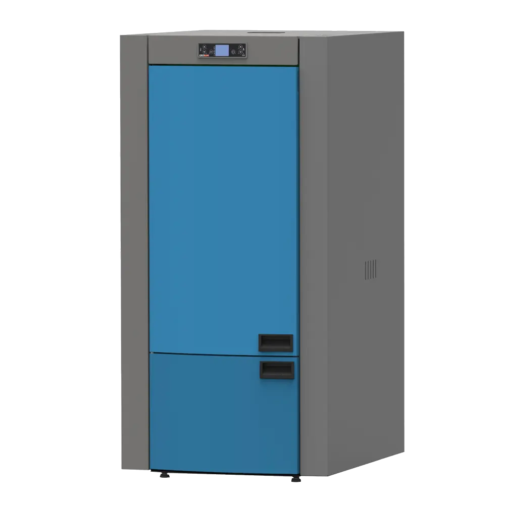 Alfa Plam Commo Compact 23 Plus grijze en blauwe kachel op witte achtergrond
