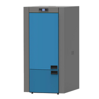 Alfa Plam Commo Compact 23 Plus grijze en blauwe kachel op witte achtergrond