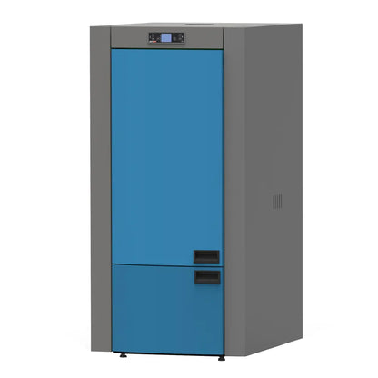 Alfa Plam Commo Compact 23 Plus grijze en blauwe kachel op witte achtergrond