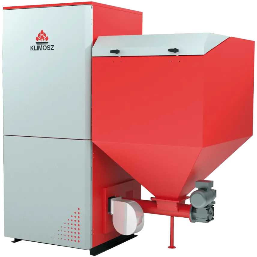 Klimosz Duo Industrial NG 150 Retort ketel met rode bunker op witte achtergrond