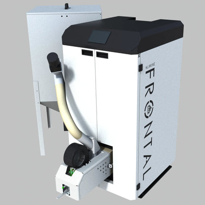 Klimosz Frontal 30 ketel met witte behuizing en zwarte bovenkant, met aangesloten buizen.