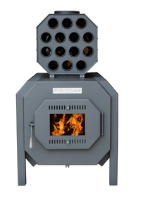 LS Kamna Falco Eco houtkachel met brandend vuur en warmtewisselaar bovenop
