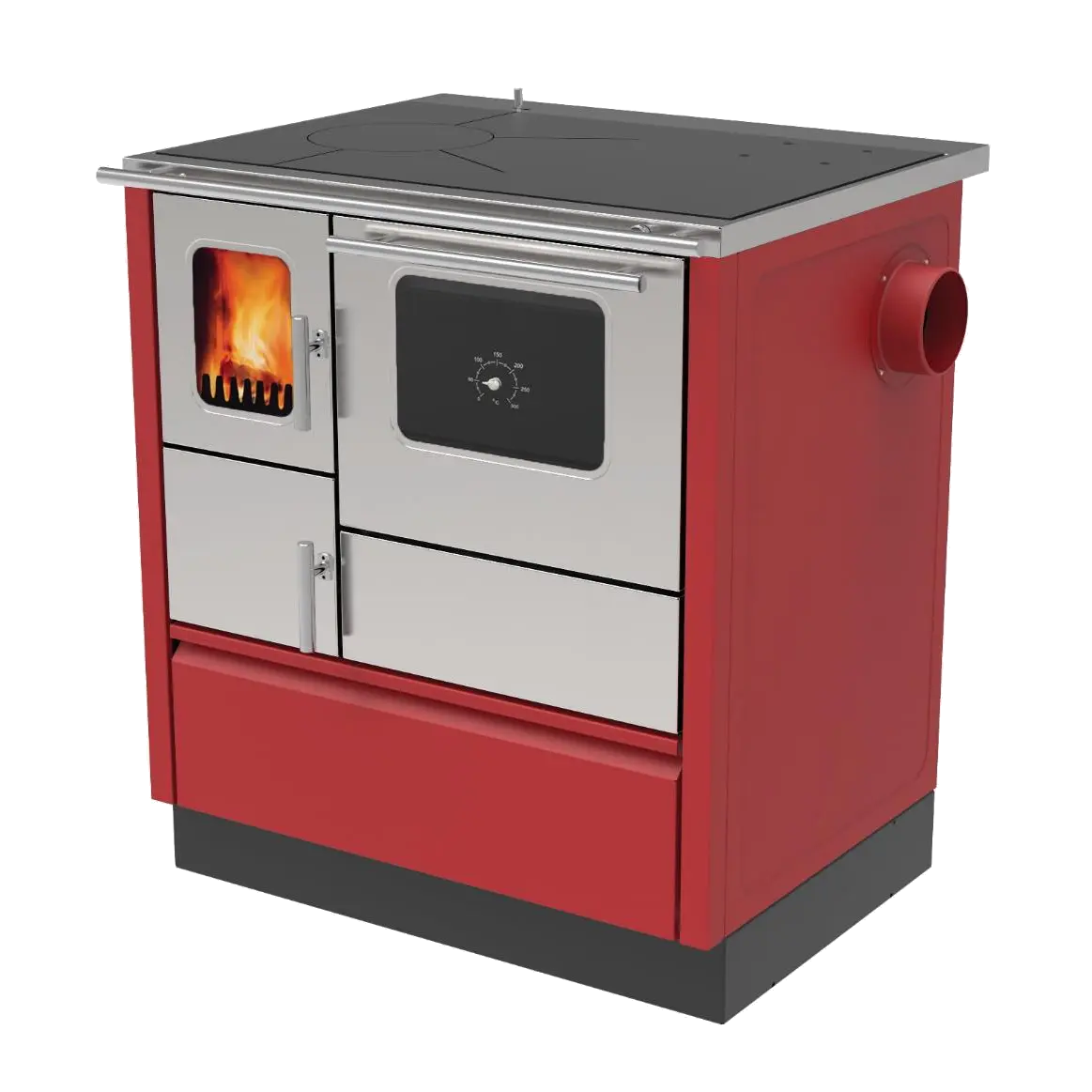 Alfa Plam Inox 75 houtkachel met rood en zilverkleurig front