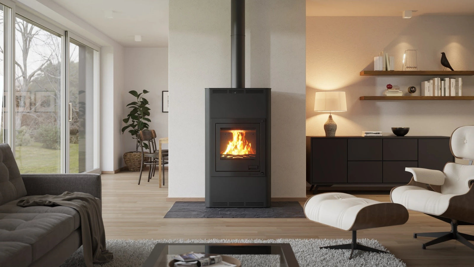 HS Flamingo Aquaflam 17 in moderne woonkamer met brandend vuur