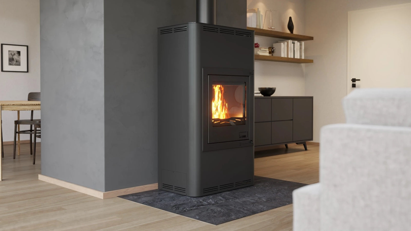 HS Flamingo Aquaflam 17 in moderne woonkamer met brandend vuur