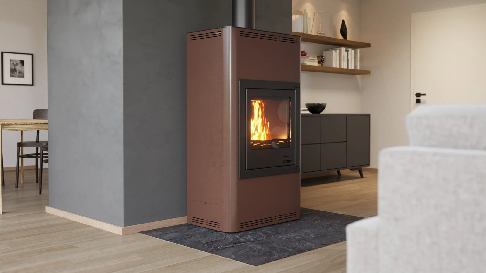 HS Flamingo Aquaflam 17 in moderne woonkamer met brandend vuur
