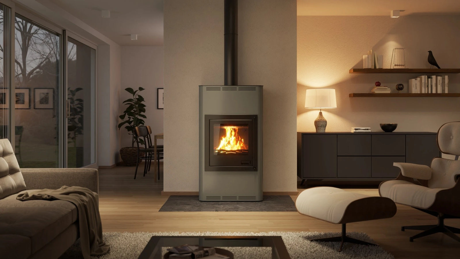 HS Flamingo Aquaflam 17 houtkachel in moderne woonkamer met brandend vuur