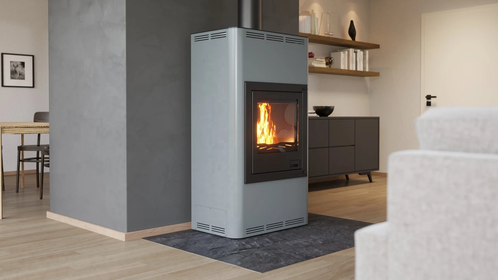 HS Flamingo Aquaflam 17 in moderne woonkamer met brandend vuur