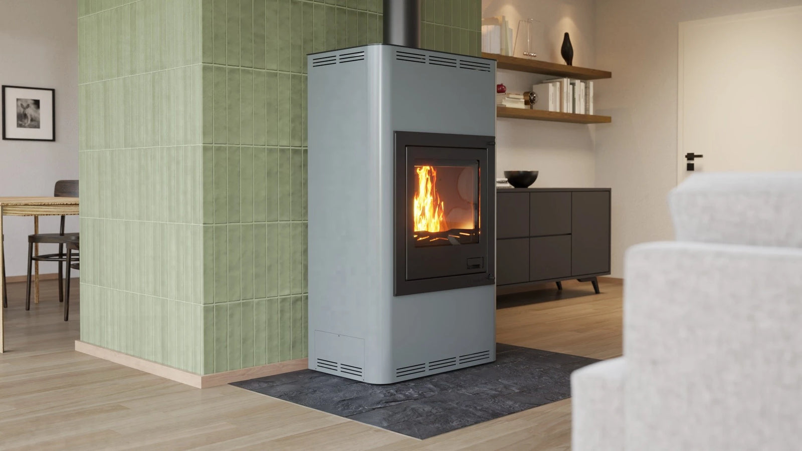 HS Flamingo Aquaflam 17 in moderne woonkamer met brandend vuur