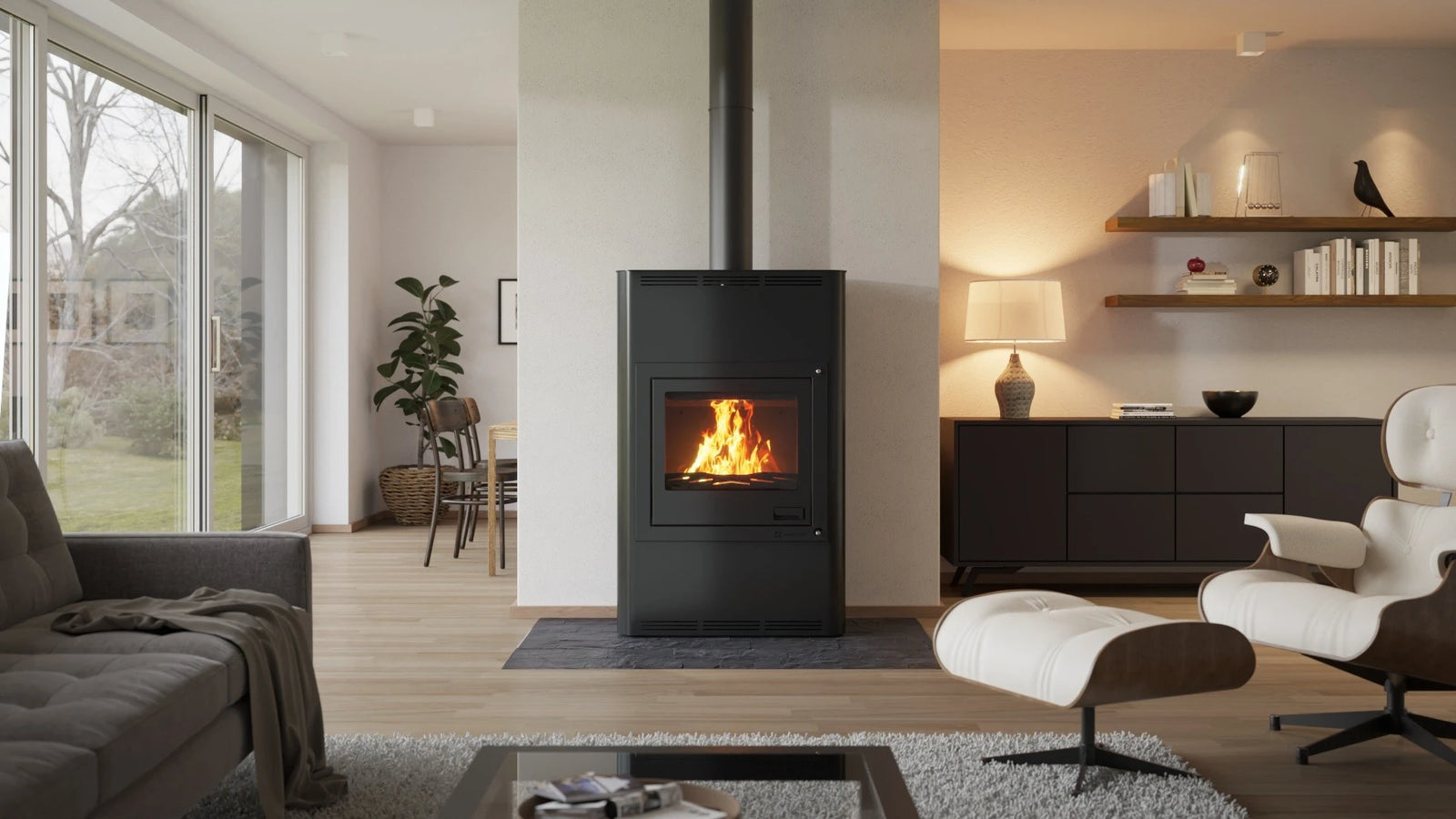 HS Flamingo Aquaflam 25 houtkachel in moderne woonkamer met brandend vuur
