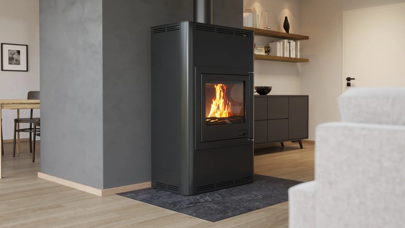 HS Flamingo Aquaflam 25 in moderne woonkamer met brandend vuur