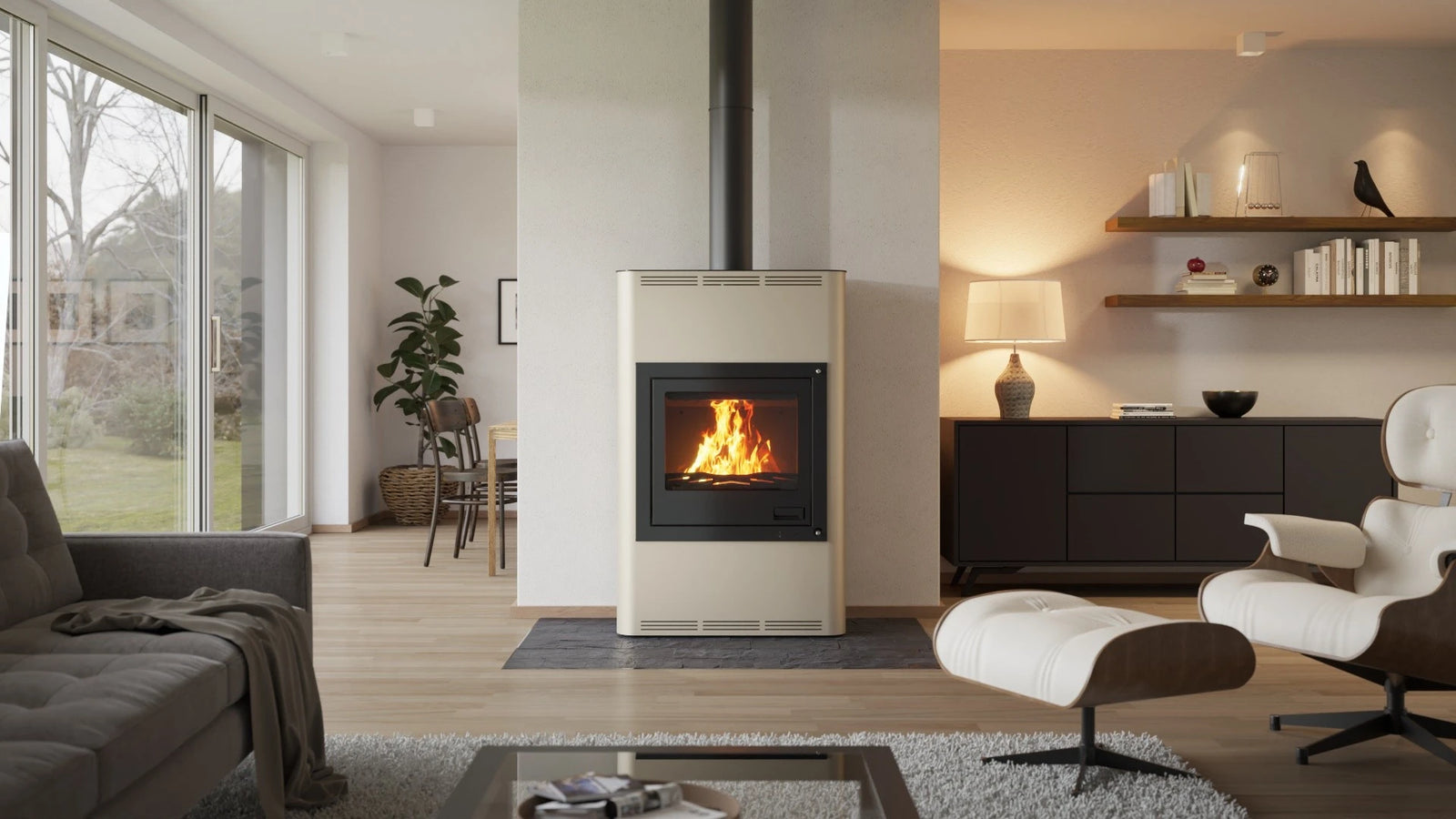HS Flamingo Aquaflam 25 houtkachel in moderne woonkamer met brandend vuur
