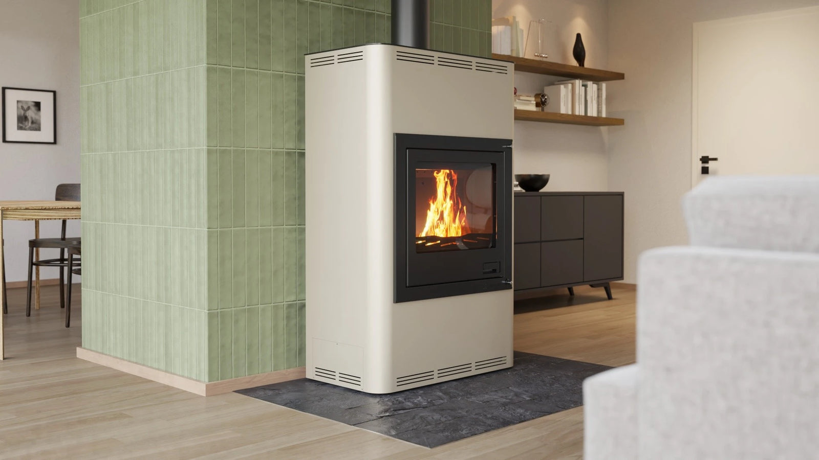 HS Flamingo Aquaflam 25 in moderne woonkamer met brandend vuur