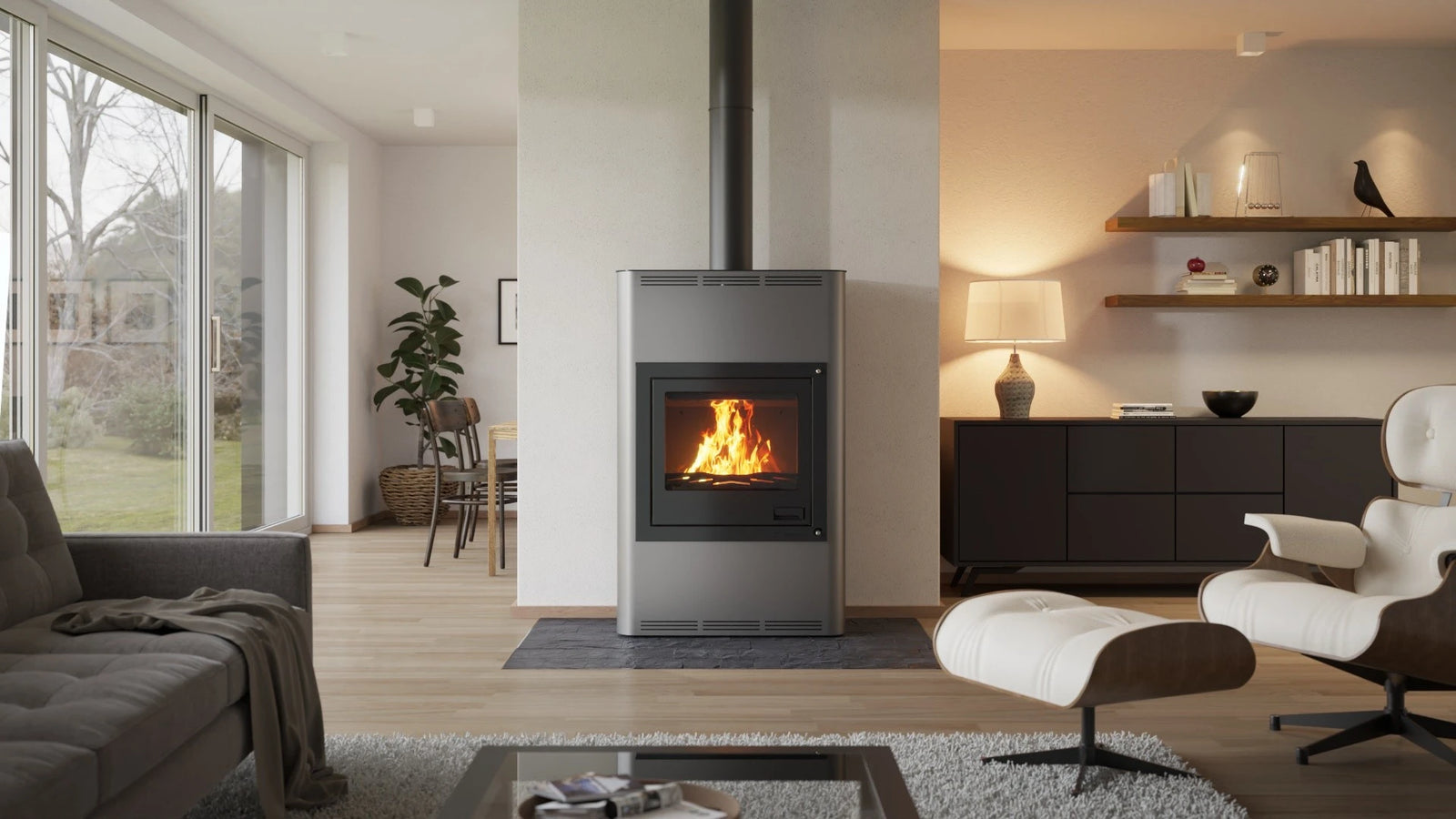 HS Flamingo Aquaflam 25 kachel in moderne woonkamer met brandend vuur