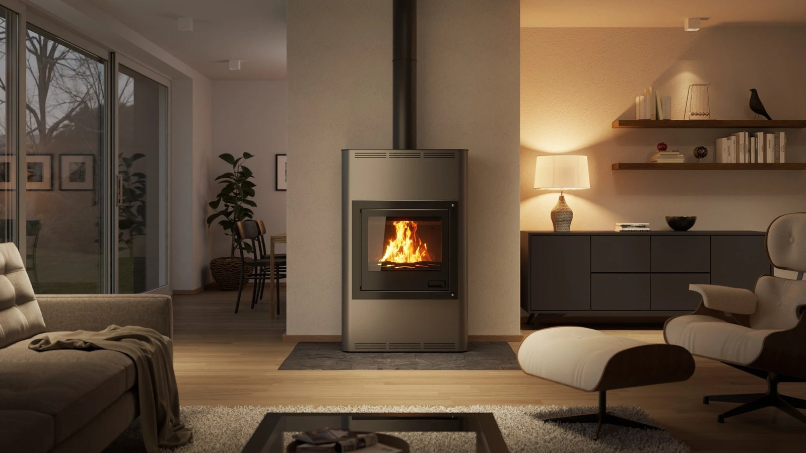 HS Flamingo Aquaflam 25 in moderne woonkamer met brandend vuur