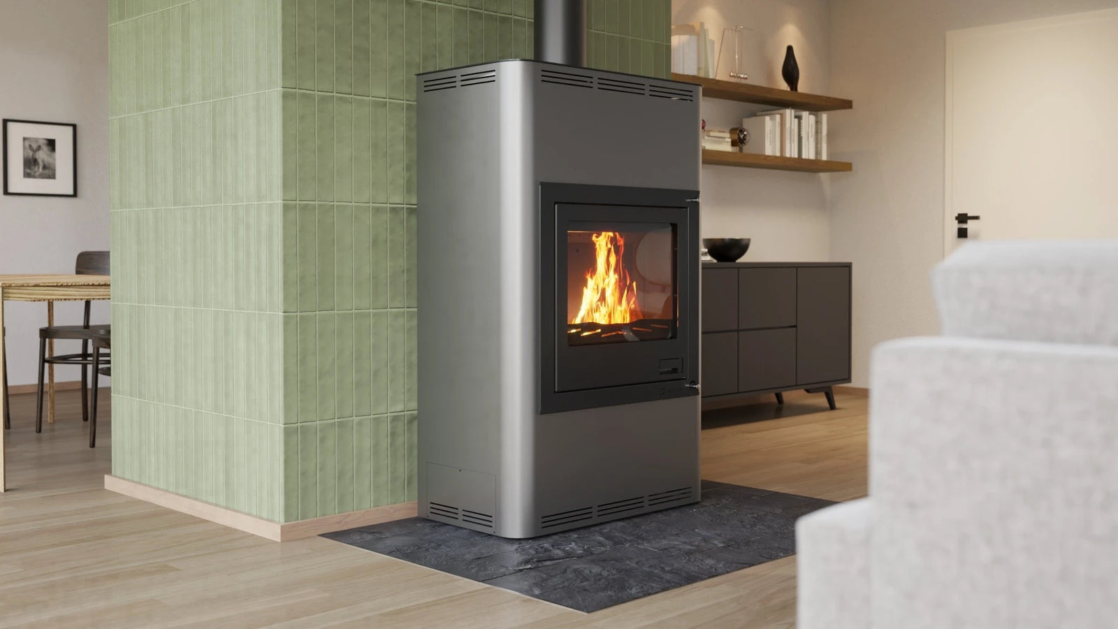 HS Flamingo Aquaflam 25 in moderne woonkamer met brandend vuur