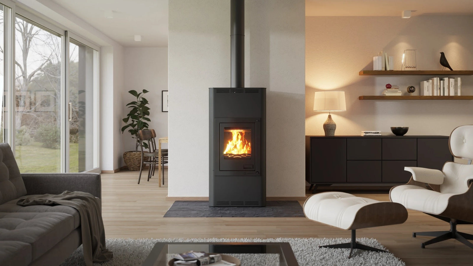 HS Flamingo Aquaflam 7 houtkachel in moderne woonkamer