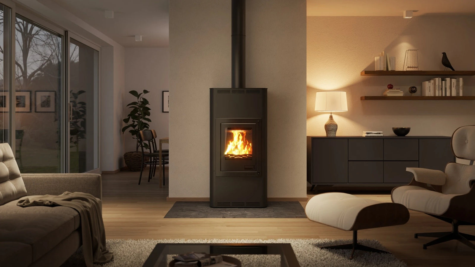 HS Flamingo Aquaflam 12 houtkachel in moderne woonkamer, brandend