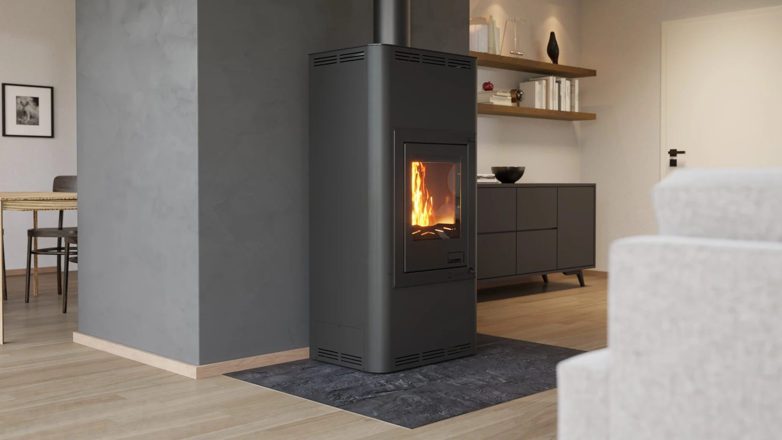 HS Flamingo Aquaflam 7 kachel in moderne woonkamer met brandend vuur