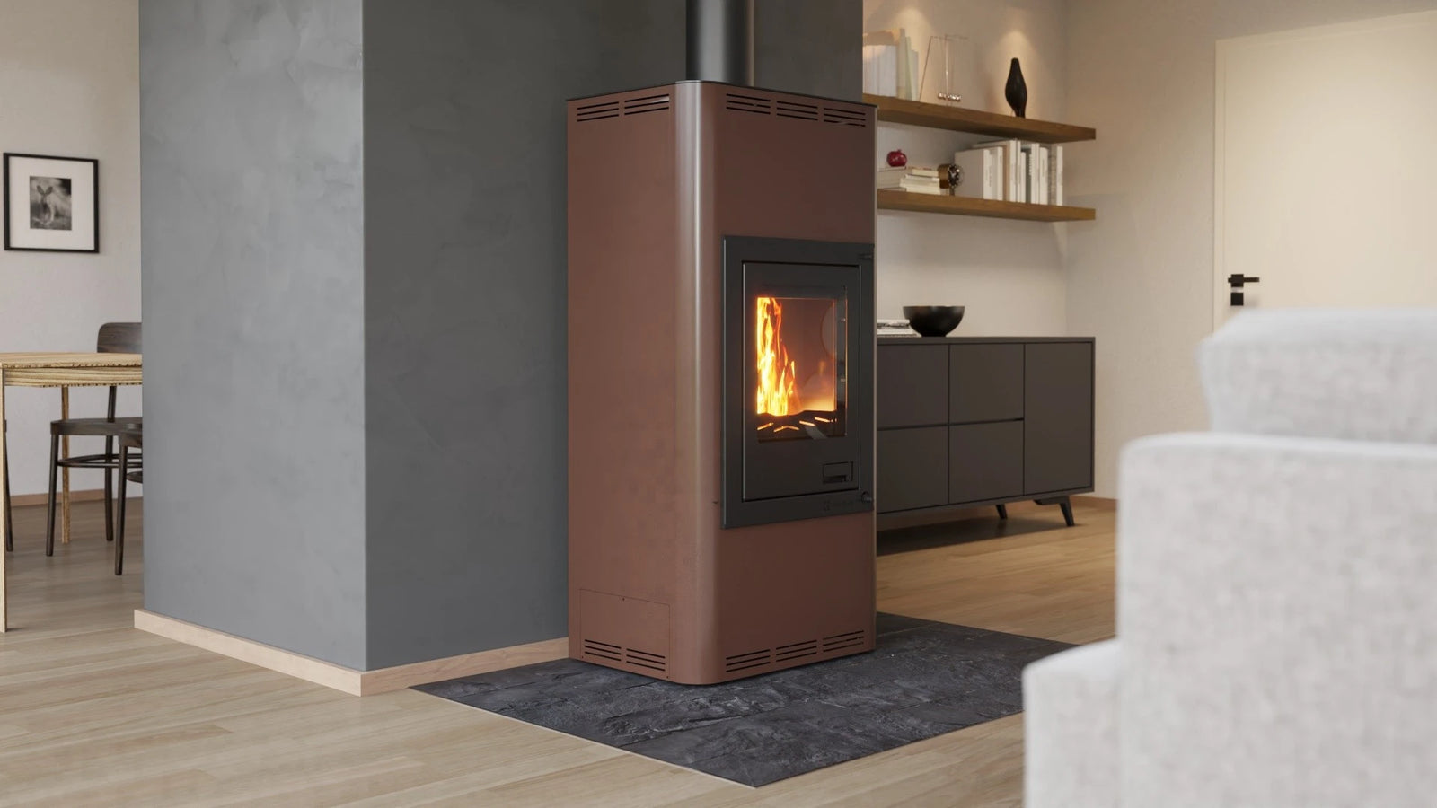 HS Flamingo Aquaflam 12 in moderne woonkamer met brandend vuur