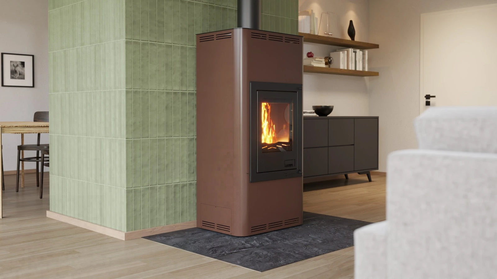 HS Flamingo Aquaflam 7 in moderne woonkamer met brandende deur