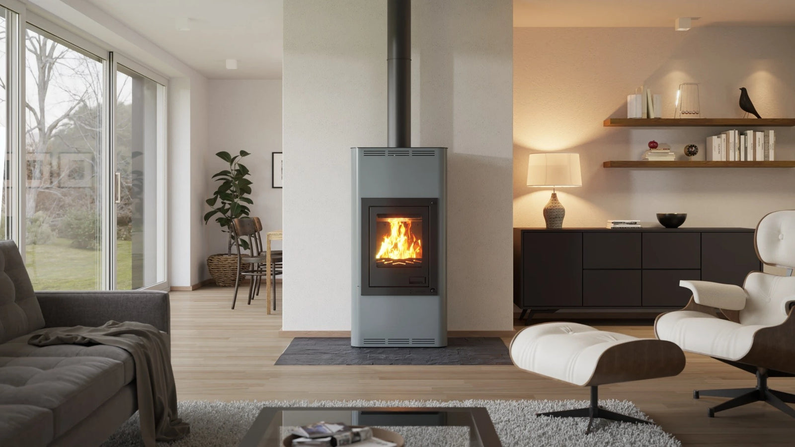 HS Flamingo Aquaflam 7 kachel in moderne woonkamer met brandend vuur