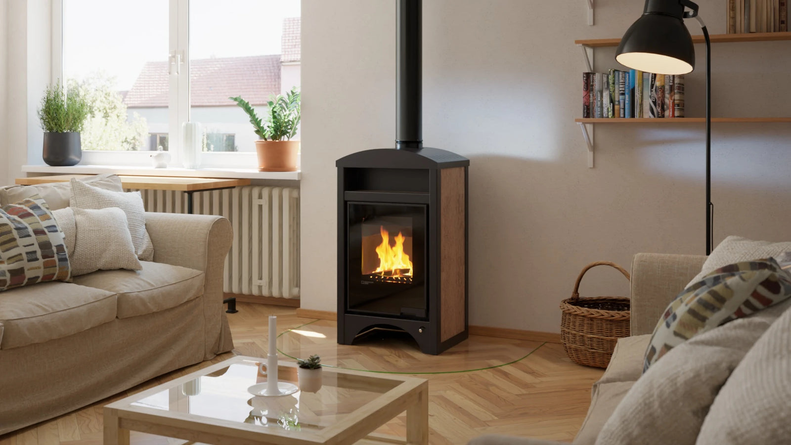 HS Flamingo Aquaflam Vario Barma Air in woonkamer met brandend vuur