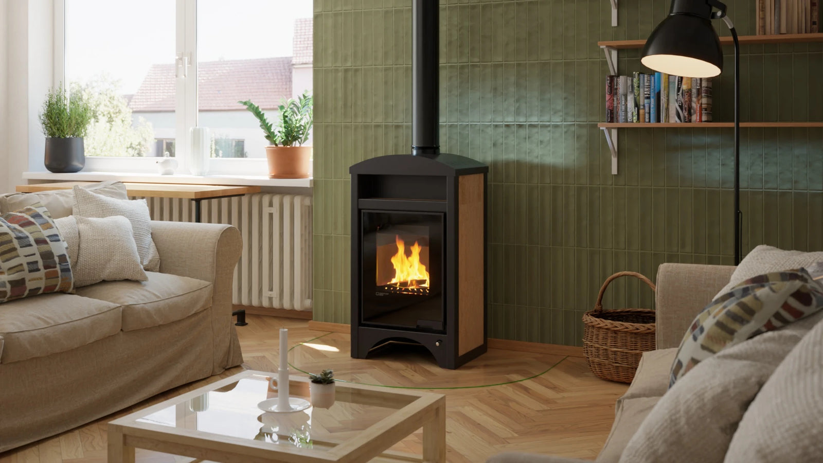 HS Flamingo Aquaflam Vario Barma Air kachel in een woonkamer met brandend vuur
