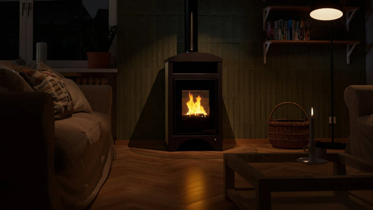 HS Flamingo Aquaflam Vario Barma Aqua in sfeervolle woonkamer met brandend vuur