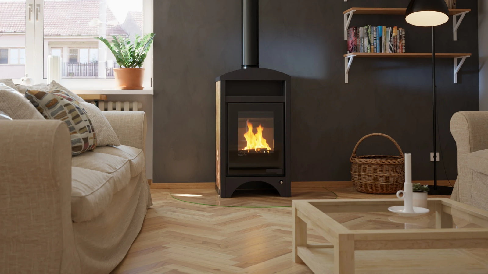 HS Flamingo Aquaflam Vario Barma Air in een woonkamer met brandend vuur