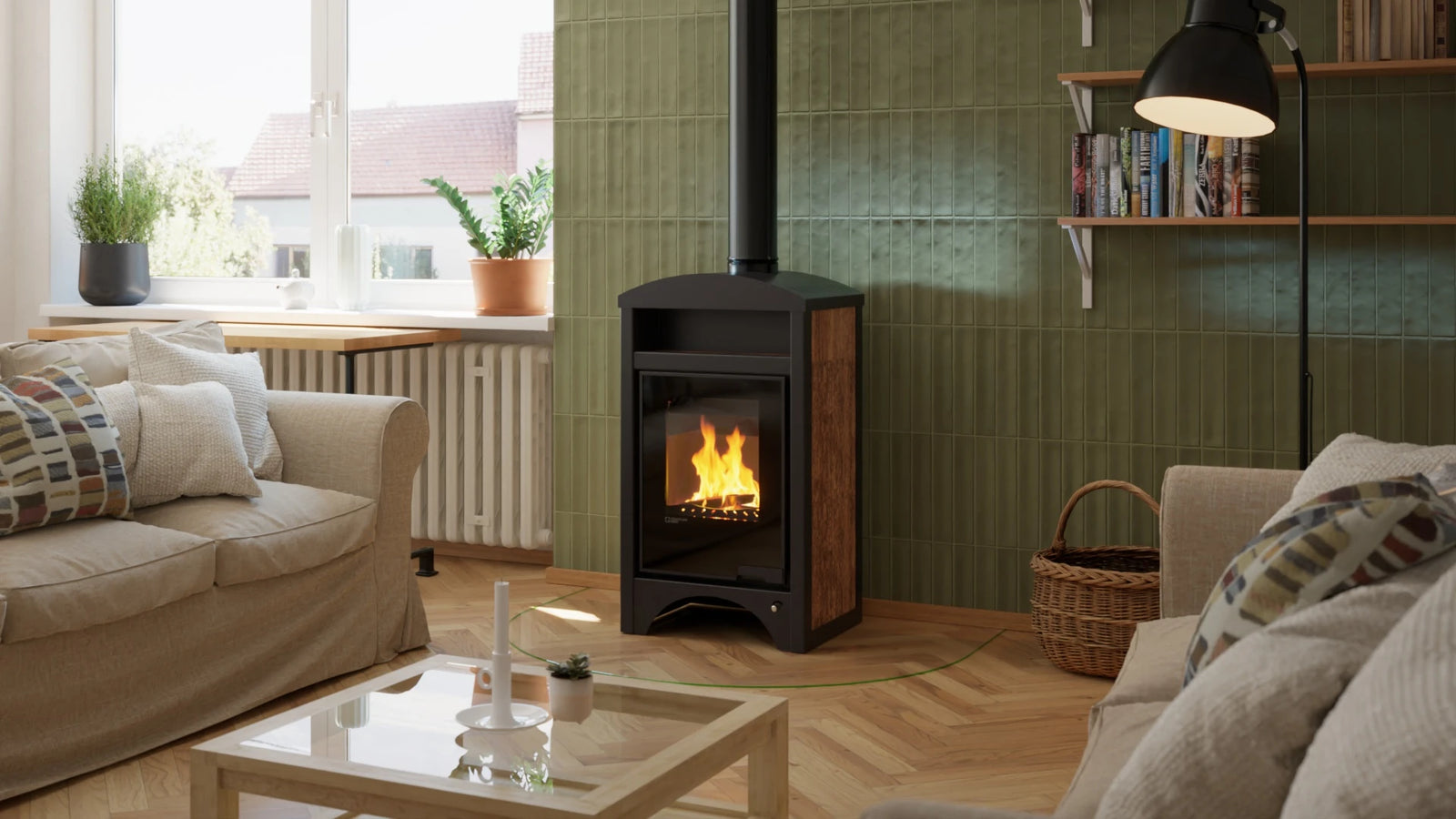 HS Flamingo Aquaflam Vario Barma Air houtkachel in woonkamer met groen betegelde wand