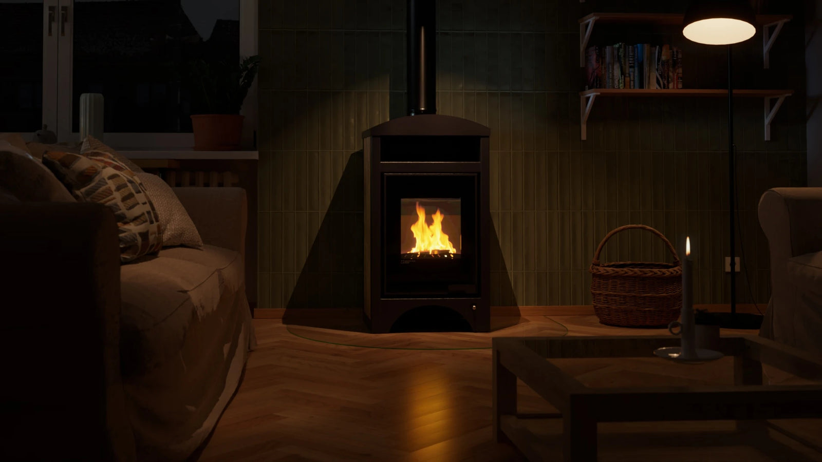 HS Flamingo Aquaflam Vario Barma Air in een woonkamer met brandend vuur