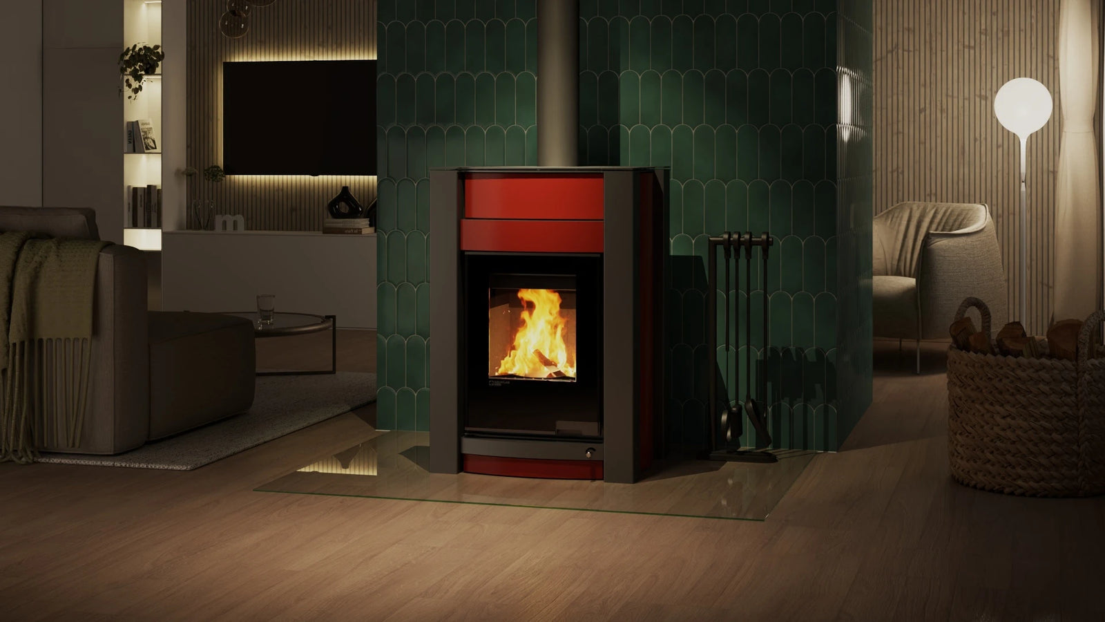 HS Flamingo Aquaflam Vario Kalmar Aqua in stijlvolle woonkamer met brandend vuur