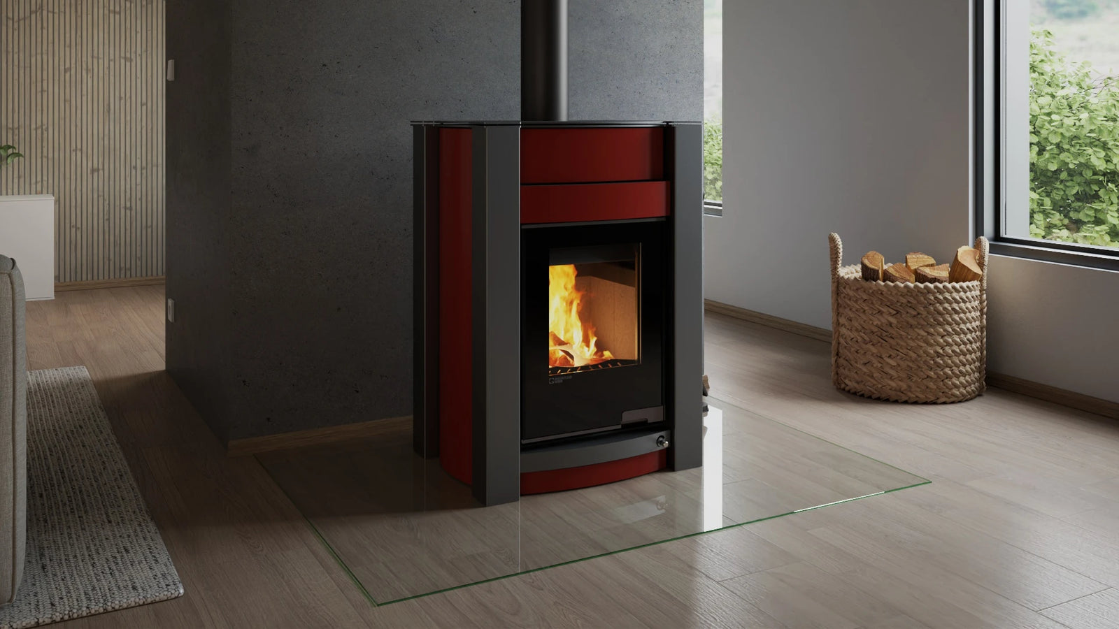 HS Flamingo Aquaflam Vario Kalmar Aqua in moderne woonkamer met brandend vuur