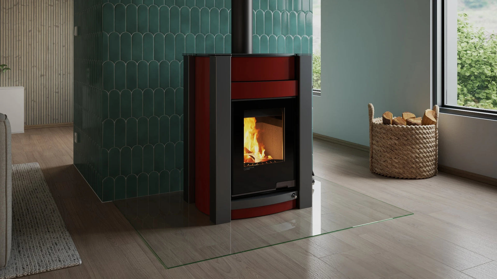 HS Flamingo Aquaflam Vario Kalmar Aqua in moderne woonkamer met brandend vuur