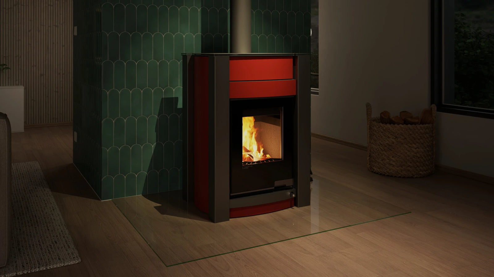 HS Flamingo Aquaflam Vario Kalmar Aqua kachel in moderne woonkamer met brandend vuur