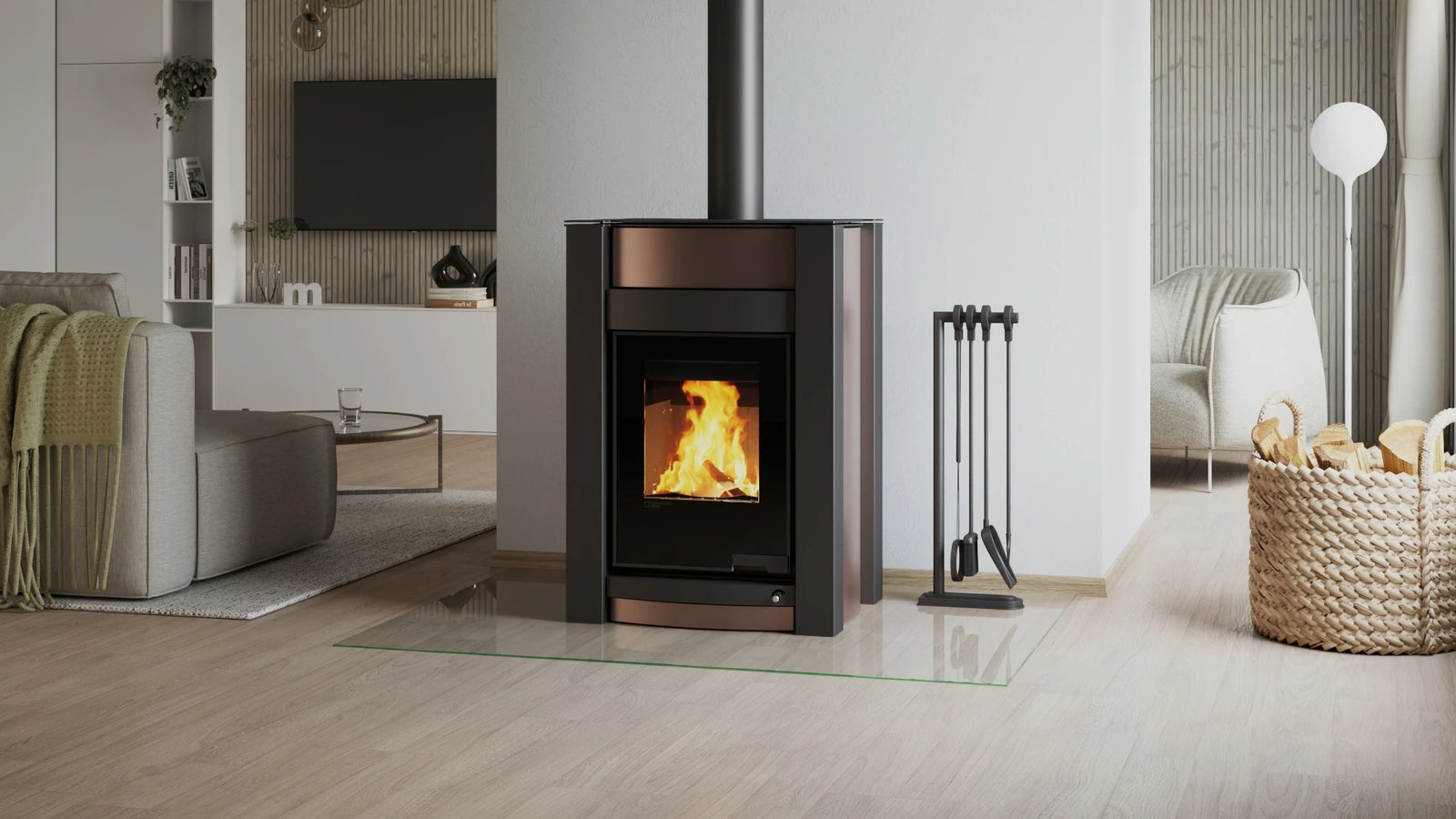 HS Flamingo Aquaflam Vario Kalmar Aqua in moderne woonkamer met brandend vuur