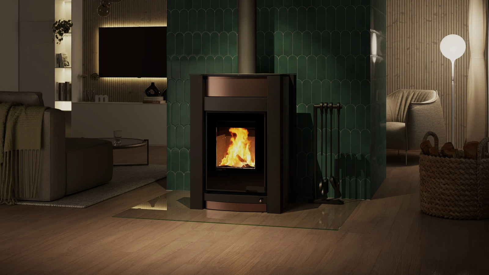 HS Flamingo Aquaflam Vario Kalmar Aqua in moderne woonkamer met brandend vuur