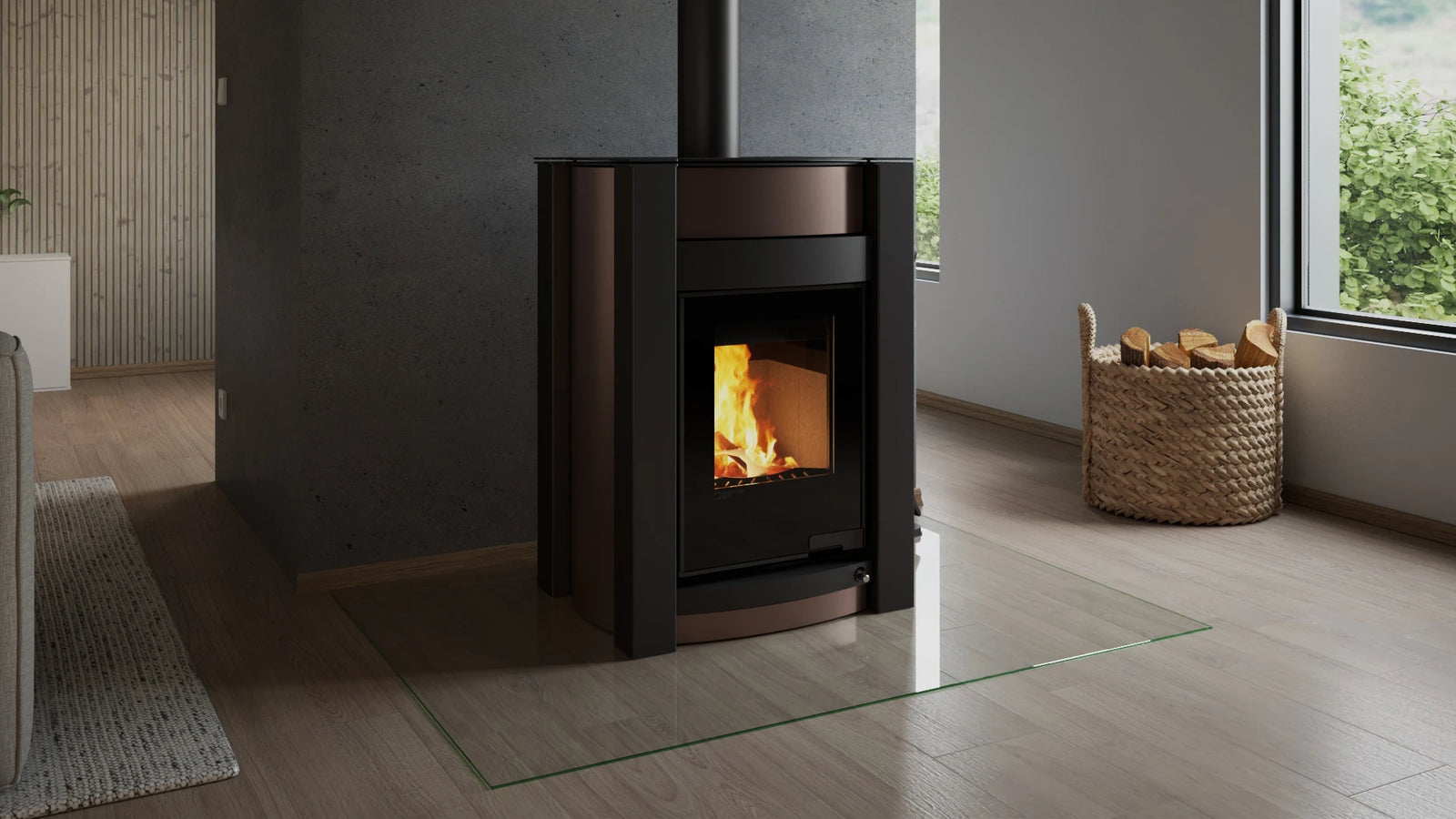HS Flamingo Aquaflam Vario Kalmar Aqua in moderne woonkamer met brandend vuur