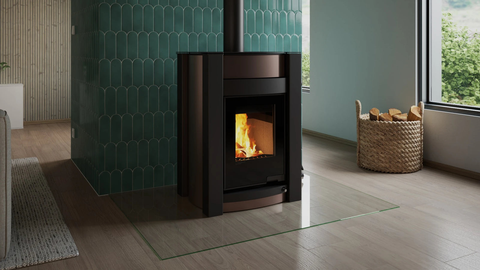HS Flamingo Aquaflam Vario Kalmar Aqua in moderne woonkamer met brandend vuur